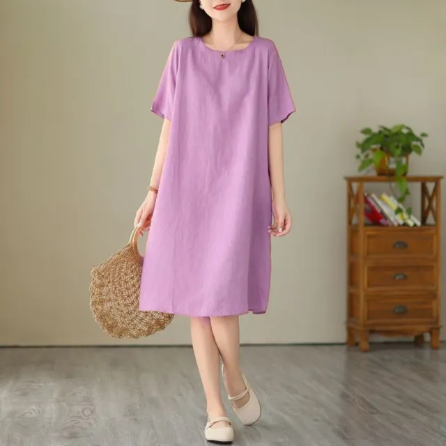 【AKARA】棉麻避暑涼夏純色連身裙短袖洋裝 中大尺碼 M-3XL