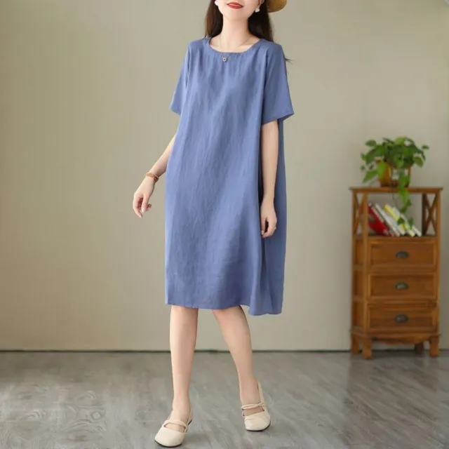 【AKARA】棉麻避暑涼夏純色連身裙短袖洋裝 中大尺碼 M-3XL