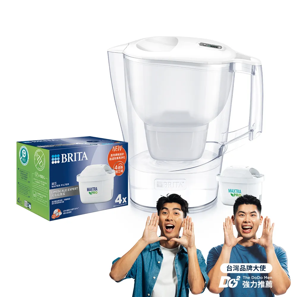 【BRITA】官方直營 愛奴娜Aluna XL濾水壺+4入去水垢濾芯(共1壺5芯)