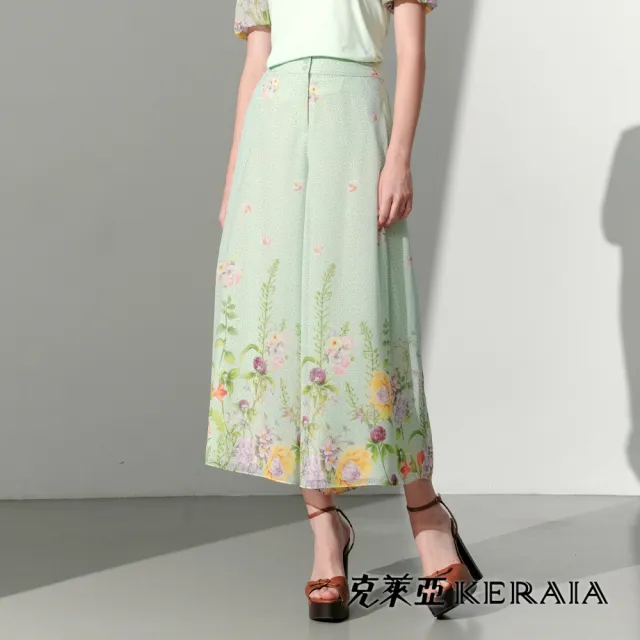 【KERAIA 克萊亞】翠雅花韻印花雪紡寬褲