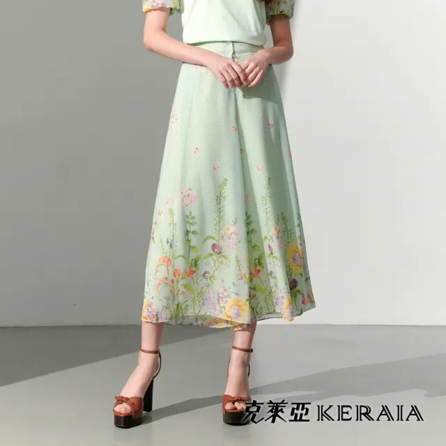 【KERAIA 克萊亞】翠雅花韻印花雪紡寬褲