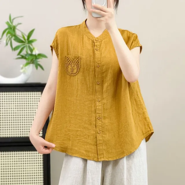 【AKARA】棉麻涼感排扣圓領短袖襯衫上衣 中大尺碼 M-3XL