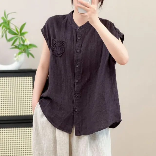 【AKARA】棉麻涼感排扣圓領短袖襯衫上衣 中大尺碼 M-3XL