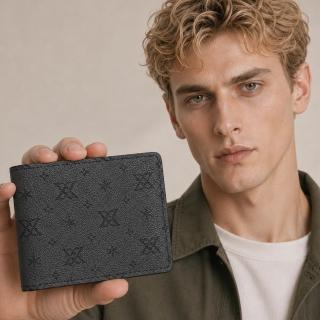 【LEESA】滿版老花\男用皮夾\交換禮物\老花皮夾\老花短夾\男用短夾\男士短夾\八卡位錢包