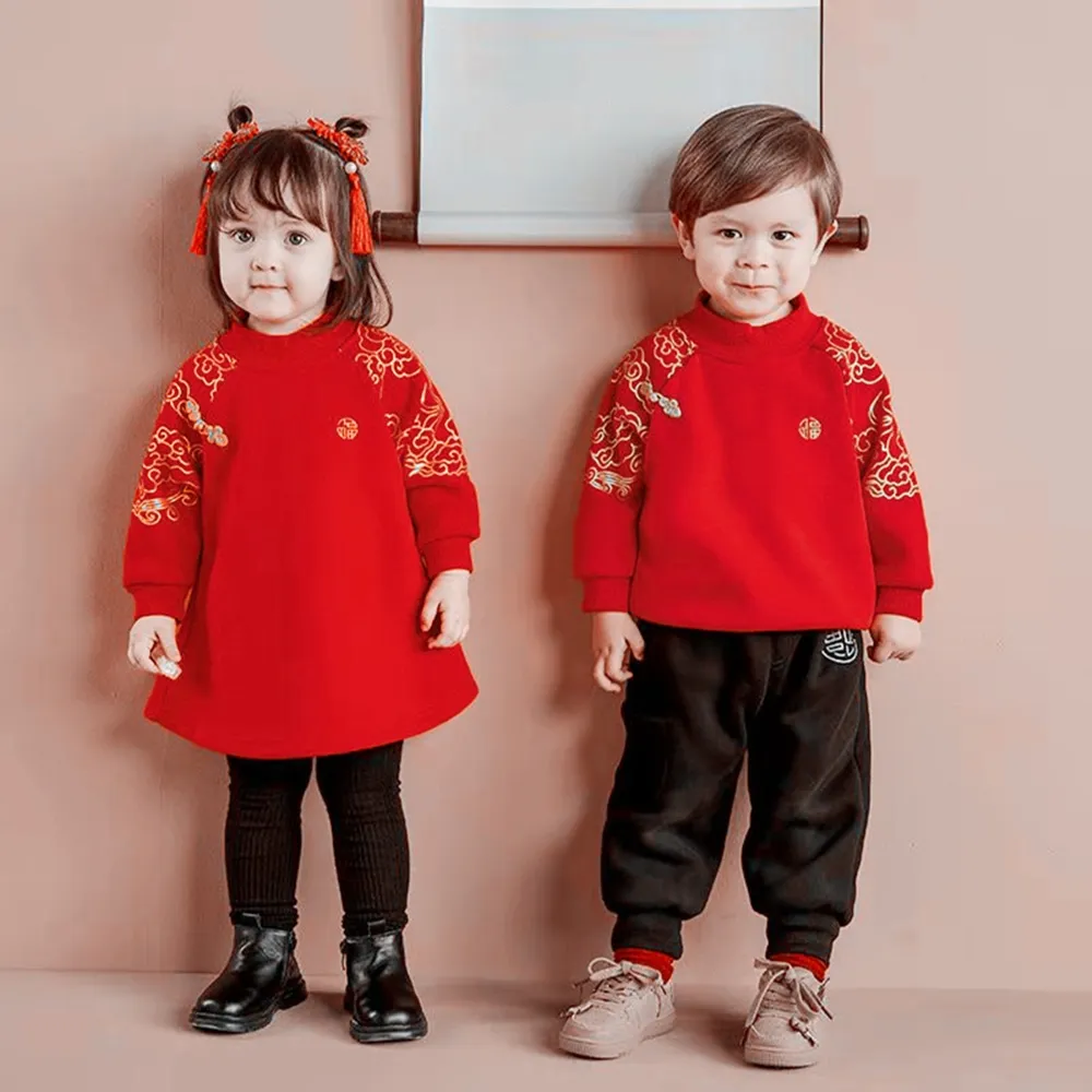 【橘魔法】祥雲福字棉絨長袖上衣洋裝 兒童 男童 女童 童裝 連身裙 連衣裙 新年 過年 大紅 拜年服 刷毛