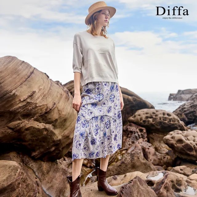 【Diffa】藍花鬆緊腰長寬裙-女