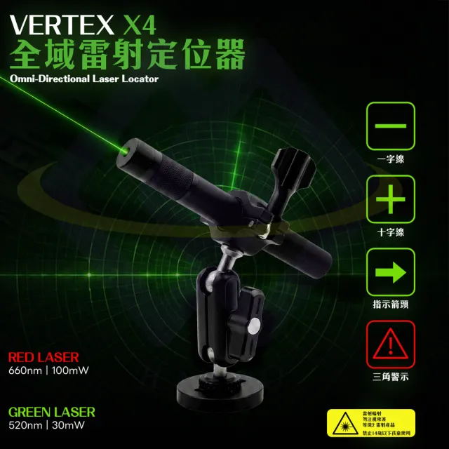 【禾統】X4全域雷射定位器 原生綠光雷射+原生紅光雷射-1組(一字線/十字線/指示箭頭/警示符號)