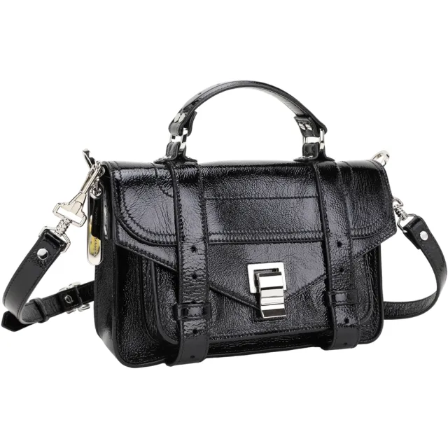 【Proenza Schouler】PS1 Tiny 皺紋漆皮羊皮斜背/手提學院包(黑色 兩用包 真皮)