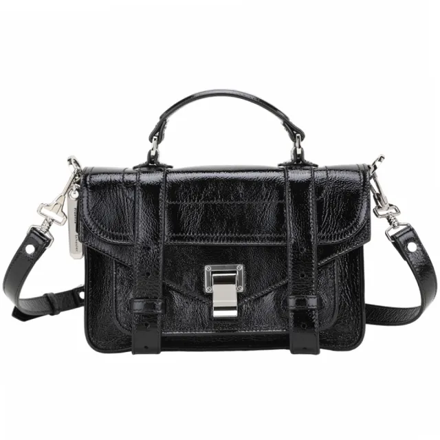【Proenza Schouler】PS1 Tiny 皺紋漆皮羊皮斜背/手提學院包(黑色 兩用包 真皮)