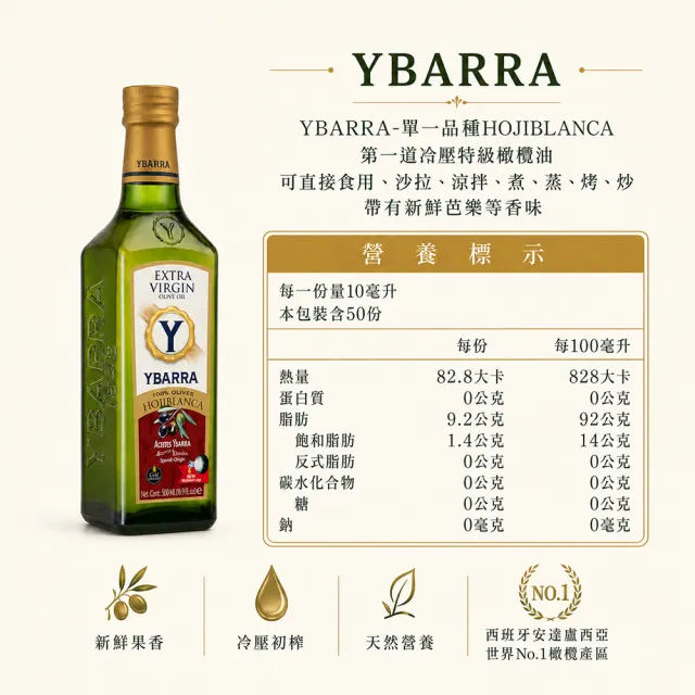 【YBARRA】益百萊 100%單一品種特級冷壓初榨橄欖油500mlx6瓶 (生飲旗艦款0.2%酸價/玻璃瓶裝/雙10限定)