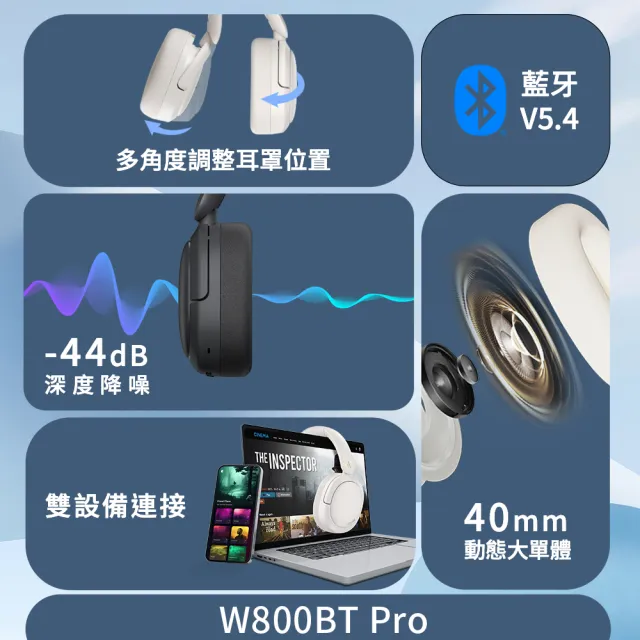 【EDIFIER】W800BT Pro 無線降噪耳罩耳機（Hi-Res 音質認證｜雙設備連接｜音樂低延遲遊戲雙模式）