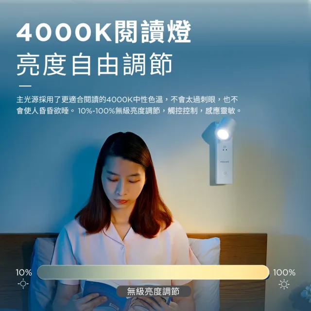 【Philips 飛利浦】PAS341 酷璇可攜式 床頭燈 閱讀燈 手電筒(免佈線 無極調光 感應燈 小夜燈 感應小夜燈)