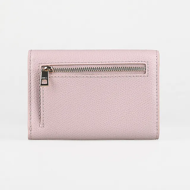 【FURLA 芙拉】FURLA 金字LOGO 1927 M系列牛皮8卡拱門旋扣三折短夾(芭蕾粉)