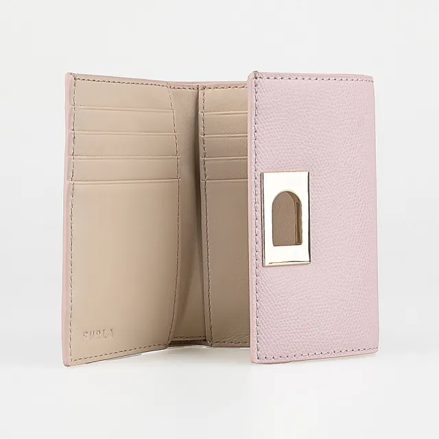 【FURLA 芙拉】FURLA 金字LOGO 1927 M系列牛皮8卡拱門旋扣三折短夾(芭蕾粉)