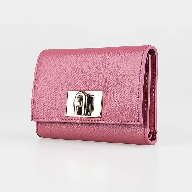 【FURLA 芙拉】FURLA 金字LOGO 1927 M系列牛皮8卡拱門旋扣三折短夾(莓粉)