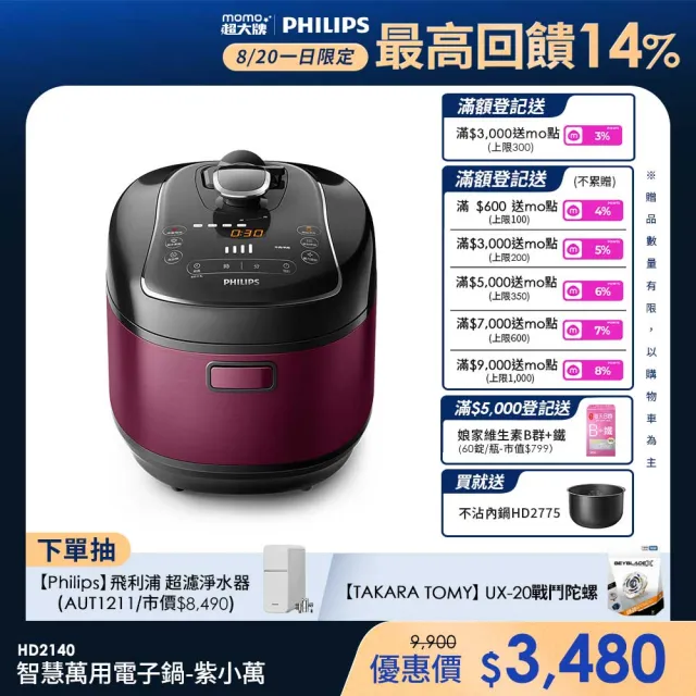 【Philips 飛利浦】抽UX20戰鬥陀螺_智慧萬用電子鍋/壓力鍋/萬用鍋_HD2140_紫小萬