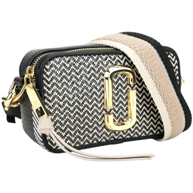 【MARC JACOBS】Snapshot 麻編拼接牛皮斜背相機包(黑色 手拿包 側背包 雙層 mj)