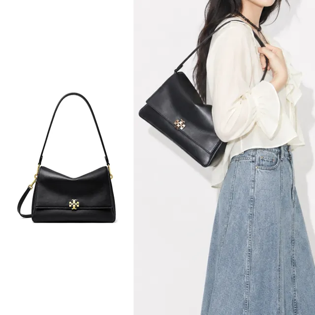 【TORY BURCH】CHARLIE 皮革翻蓋肩背/斜背兩用包(黑)