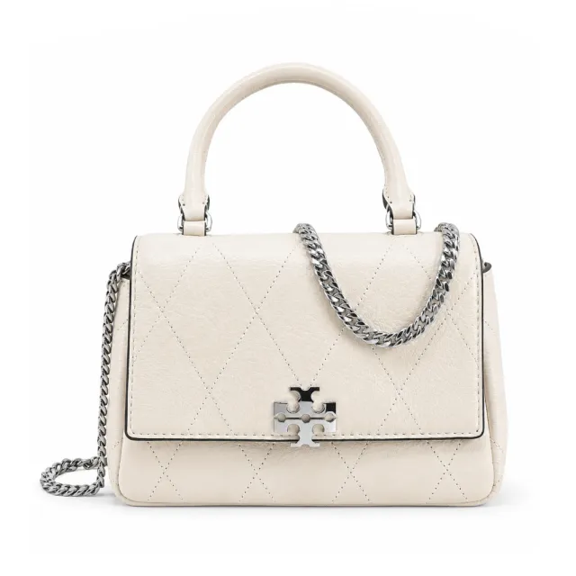 【TORY BURCH】CHARLIE 荔枝紋皮革菱格絎縫手提/斜背兩用包(迷你/象牙白)