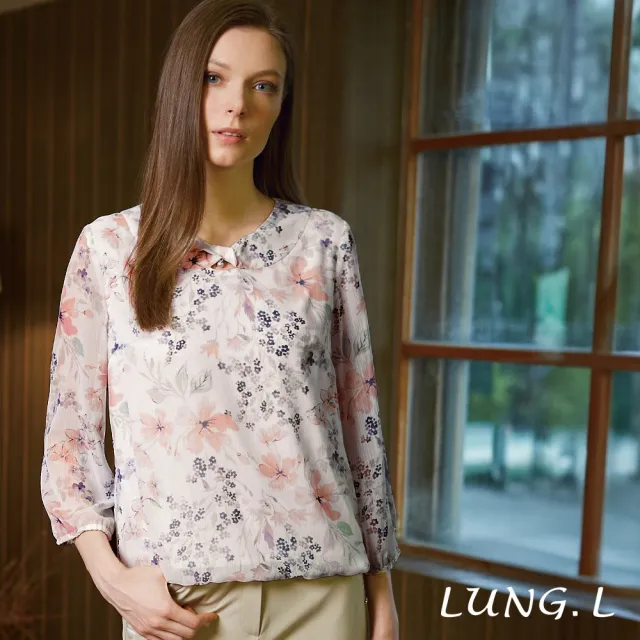 【LUNG.L 林佳樺】LW63A 米白柔彩花卉雪紡七分袖女裝上衣