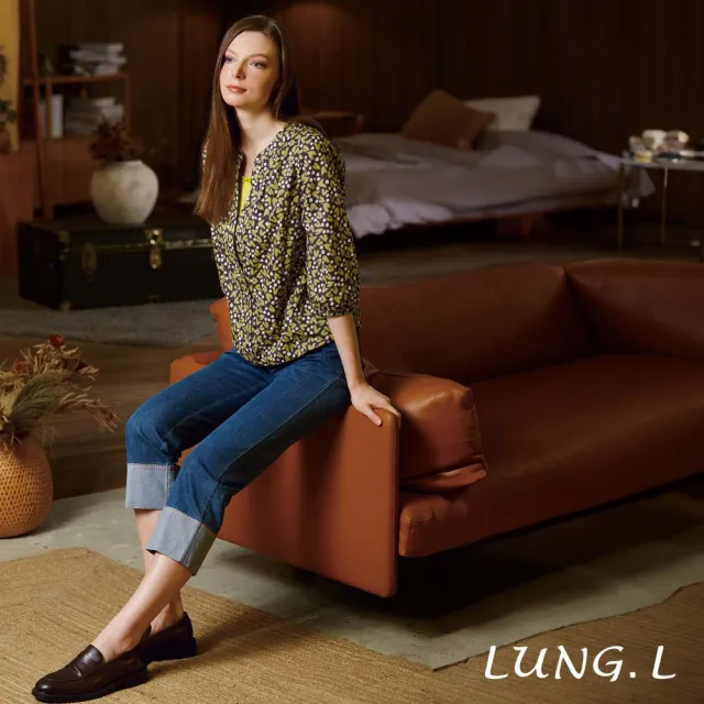【LUNG.L 林佳樺】LW66A 綠色復古印花假兩件式棉質七分袖女裝上衣
