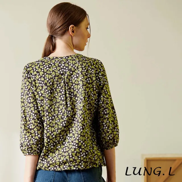 【LUNG.L 林佳樺】LW66A 綠色復古印花假兩件式棉質七分袖女裝上衣