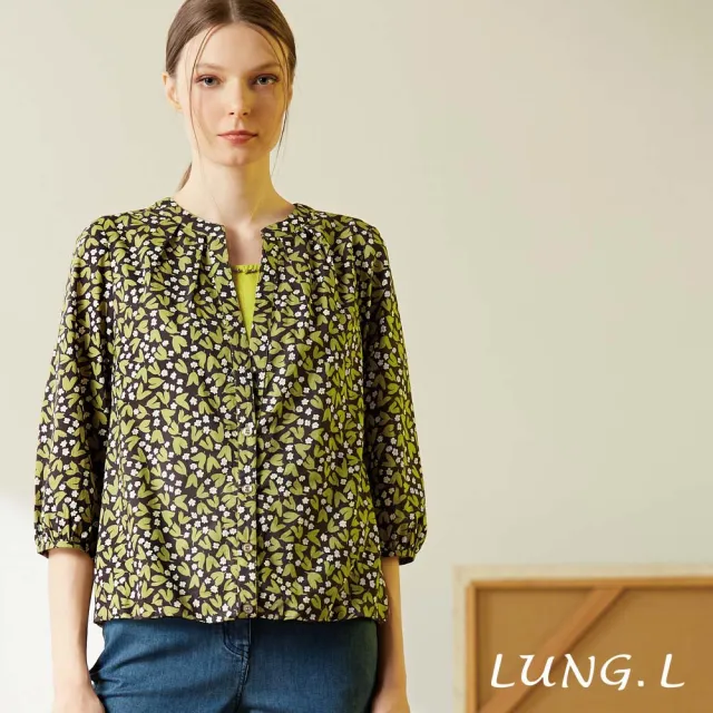 【LUNG.L 林佳樺】LW66A 綠色復古印花假兩件式棉質七分袖女裝上衣