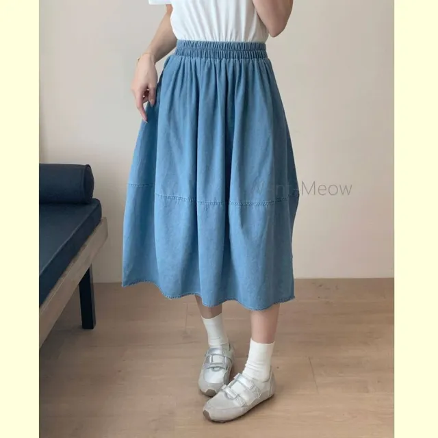 【Want-Meow】80公斤可穿/獨家款日系鬆緊腰牛仔氣球裙顯瘦A字牛仔中長裙牛仔裙(大碼/大尺碼/加大碼/牛仔裙)