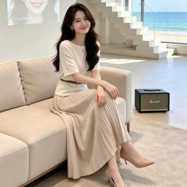 【Pure 衣櫃】極簡氣質顯瘦上衣百摺長裙兩件套(極簡/上衣/百摺長裙/兩件套/KDAY-943)