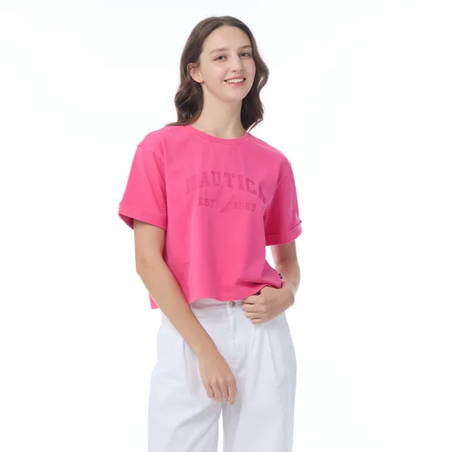 【NAUTICA】官方旗艦 女裝 經典字母印花短袖T恤(桃紅色)