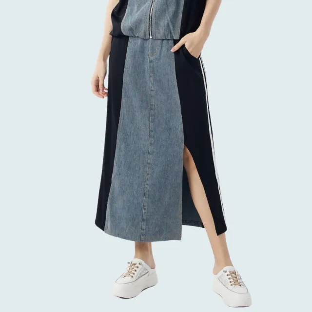 【Qiruo 奇若名品】牛仔雙布料拼接車縫 側開叉牛仔裙 可搭配套裝6005B