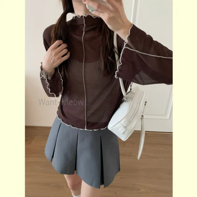 【Want-Meow】80公斤可穿/氣質微辣風爆棚撞色中線透膚長袖內搭上衣大學T(大碼上衣/大碼/大尺碼/長袖上衣)