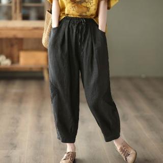 【Pure 衣櫃】文藝刺繡休閒顯瘦棉麻燈籠褲(百搭/五分袖/襯衫/KDPY-1319)