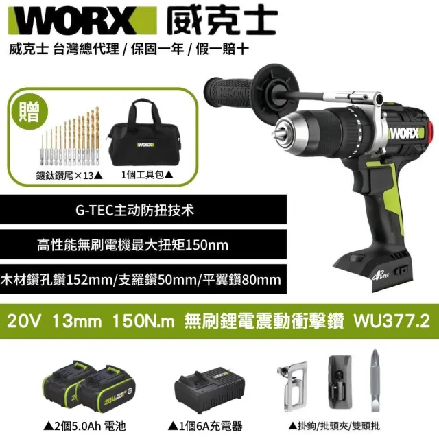 【WORX 威克士】20V 13mm 150N.m 衝擊電鑽 WU377.2(大扭力 電鑽 無刷鋰電衝擊鑽 三用震動電鑽 防扭手設計)