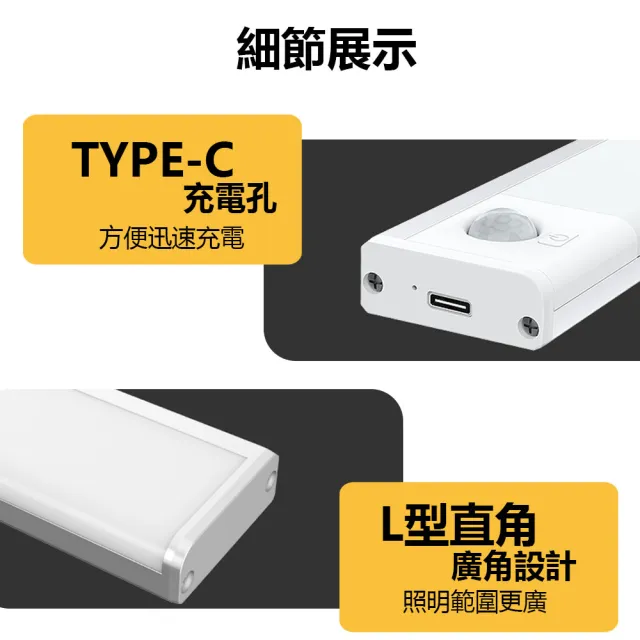 【Glolux】三色升級款L型多功能USB充電磁吸式LED智能感應燈 25公分(三色白黃暖光/櫥櫃燈/緊急照明/小夜燈)