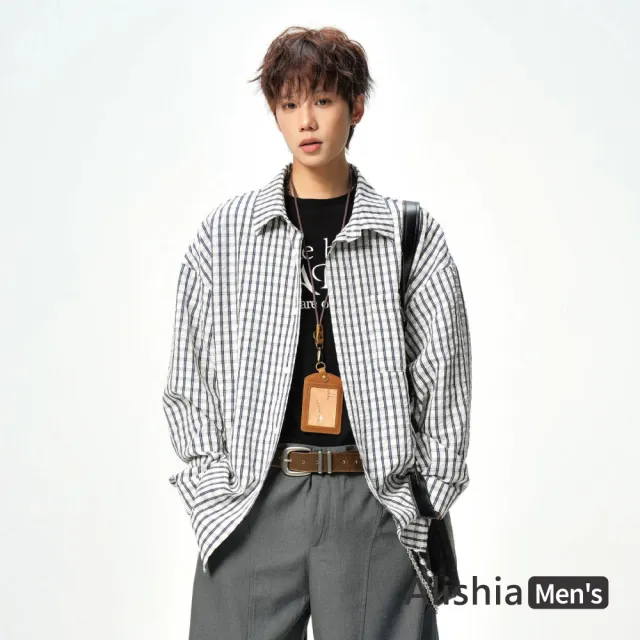 【Alishia】復古百搭經典格紋翻領開襟襯衫 外搭 長袖上衣 M-3XL(藍色 / 藏青色 / 黑色)