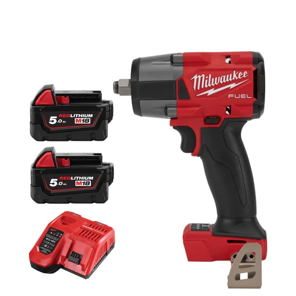 【Milwaukee 美沃奇】18V中扭無刷1/2″衝擊扳手(M18FMTIW2F12主機+5.0鋰電池兩顆+充電器)