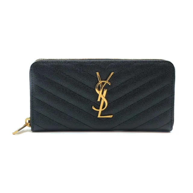 【YSL】Monogram系列 V字縫線魚子醬牛皮金logo拉鍊長夾(358094-黑)