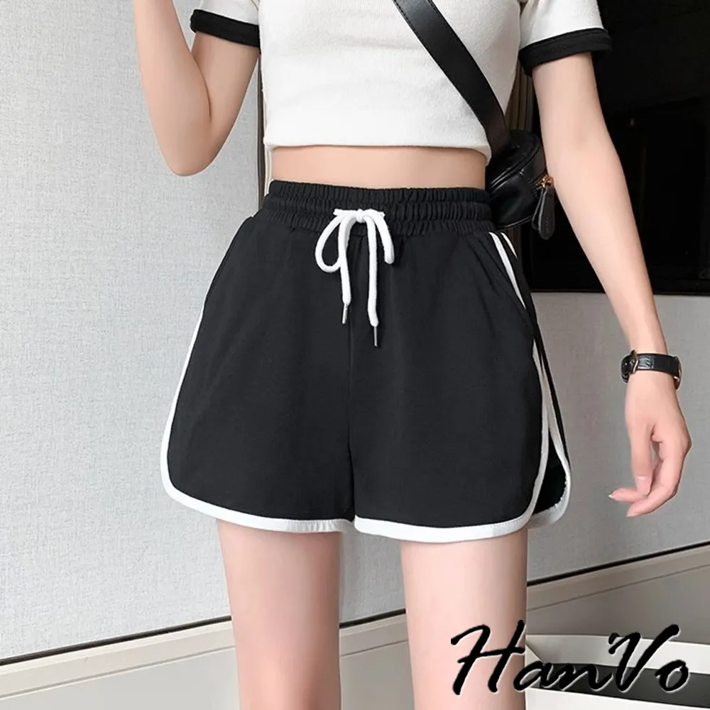 【HanVo】現貨 修飾身型! 運動休閒短褲 棉質寬鬆居家褲(韓系女裝 女生褲裝 A03-2117)