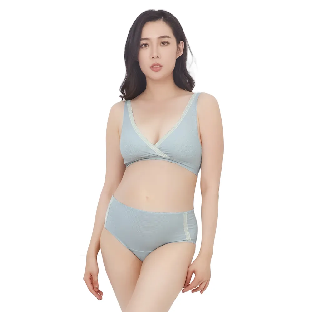 【Gennies 奇妮】哺乳內衣褲成套 咖啡紗無鋼圈內衣 中腰內褲(孕婦內衣 交叉款 孕婦內褲 莫蘭迪藍 A67B35)