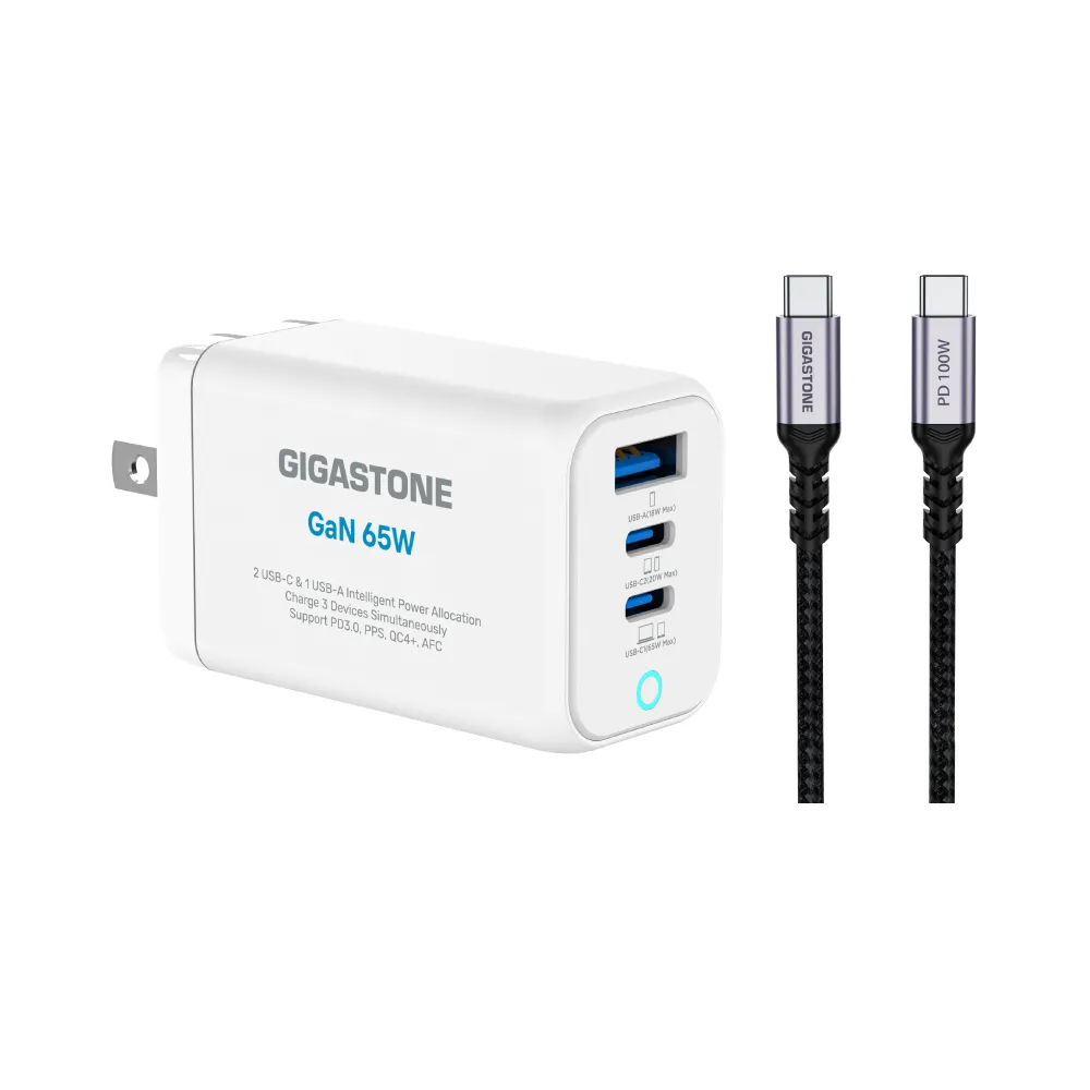 【Gigastone 立達國際】GaN 65W 氮化鎵三孔快充充電器+C to C 100W快充傳輸線(支援iPhone17/Switch充電組)