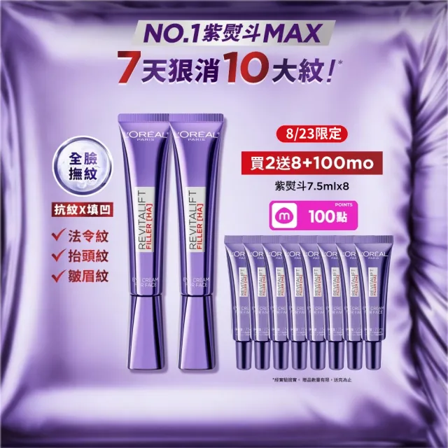 【L’OREAL Paris 巴黎萊雅】全新升級! 玻尿酸眼霜級撫紋精華霜30ml_2入(紫熨斗MAX3.0版)