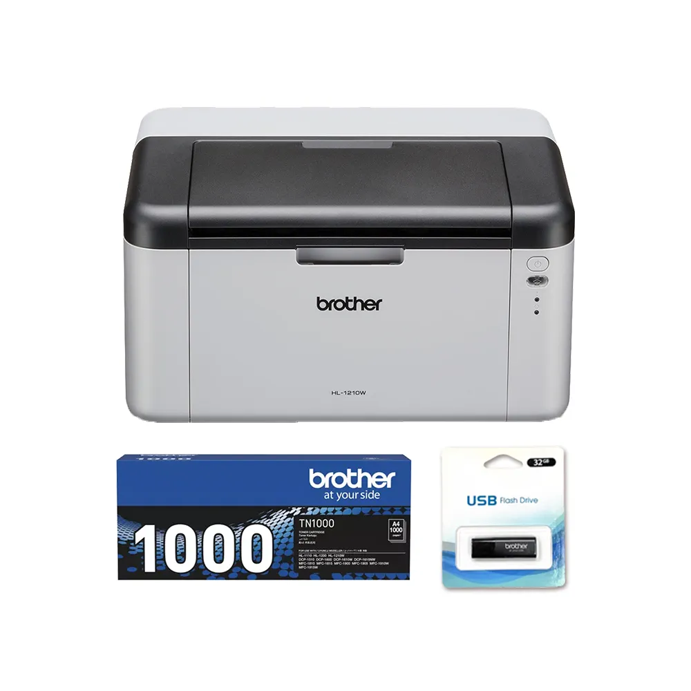 【brother】官方直營 搭1支黑色碳粉匣+32G隨身碟★HL-1210W 無線黑白雷射印表機(列印/無線網路/行動列印)