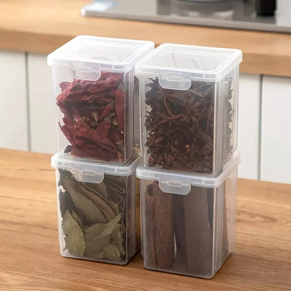 PP材質透明可疊加防潮防塵分裝盒 調味料義大利麵藥材保鮮盒(中號4入)
