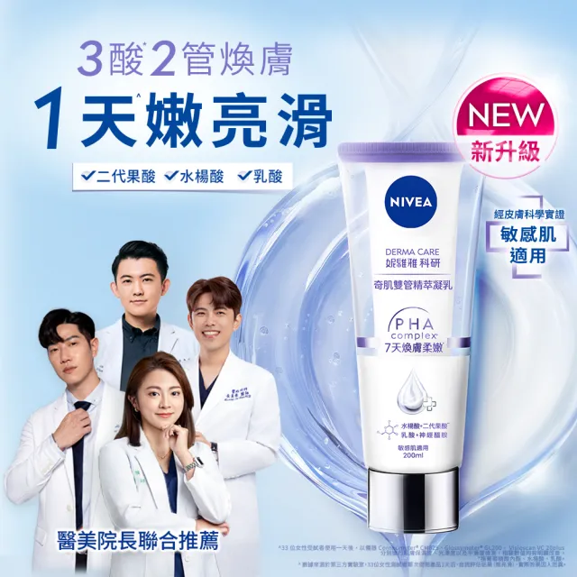 【NIVEA 妮維雅】煥膚柔嫩奇肌雙管精萃凝乳200mlx3入(果酸身體乳/注嫩瓶/安瓶級乳液)