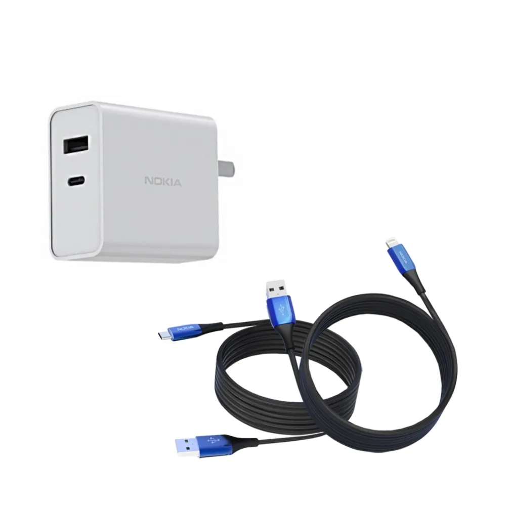 【NOKIA】1+1超值組P8201Combo USB轉Type-C/Lightning 1.25M 鋁合金快充充電傳輸線(送65W充電器組)