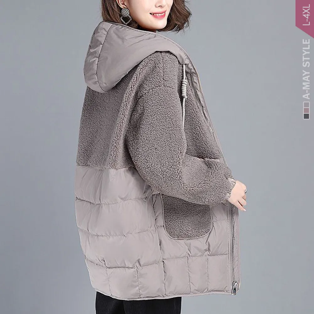 【Amay Style 艾美時尚】現貨 中大碼女裝 加絨 拼接仿羊羔毛休閒保暖鋪棉連帽外套。L-4XL