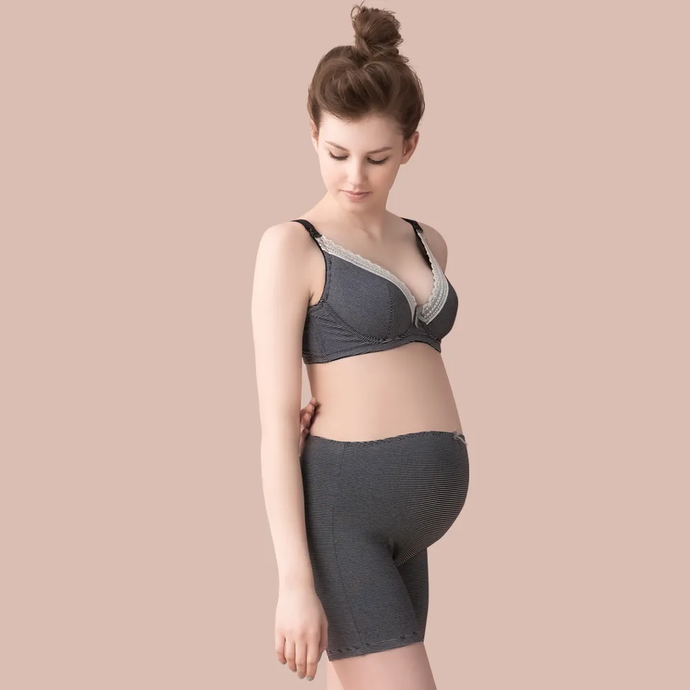 【Gennies 奇妮】哺乳內衣褲成套 咖啡紗軟鋼圈內衣 平口內褲(孕婦內衣 上開扣 孕婦內褲 條紋黑 A37B59)