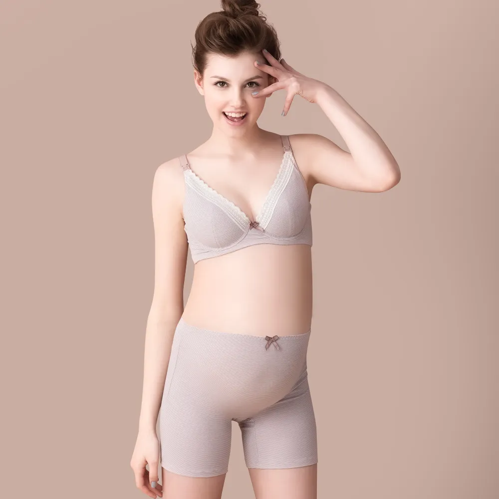 【Gennies 奇妮】哺乳內衣褲成套 咖啡紗軟鋼圈內衣 平口內褲(孕婦內衣 上開扣 孕婦內褲 條紋粉 A37B59)
