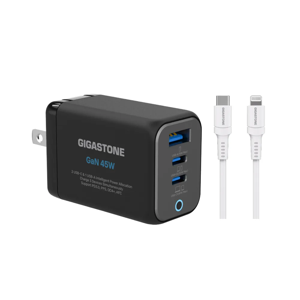 【Gigastone 立達國際】GaN 45W氮化鎵Type-C三孔快充充電器+C to Lightning MFi充電線(iPhone14蘋果充電頭)